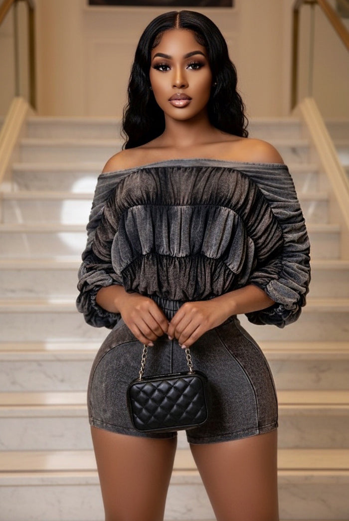 Pressure Creates Diamonds - Off Shoulder Burn Out Stretch Short Romper