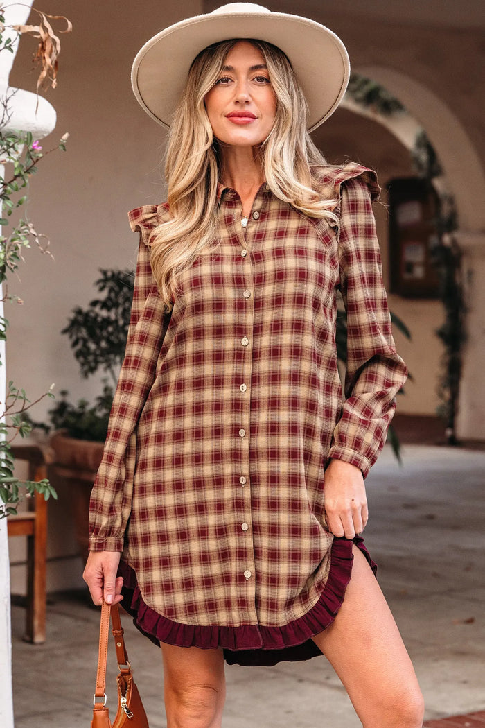Print Ruffled Long Sleeve Patchwork Hem Mini Shirt Dress - Red / S - Dresses/Mini Dresses