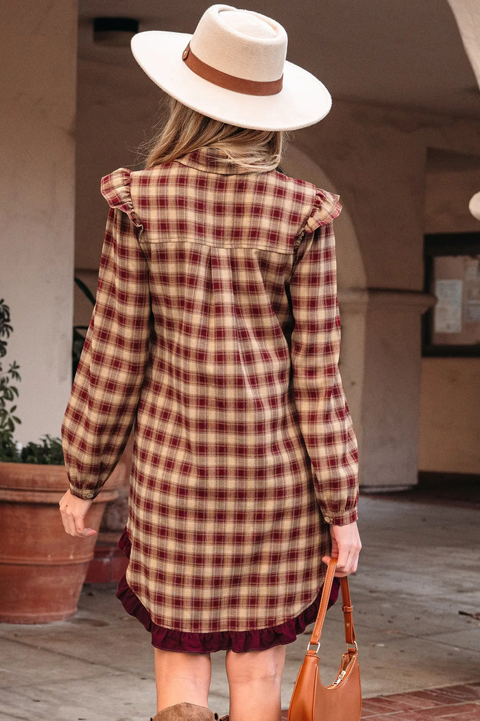 Print Ruffled Long Sleeve Patchwork Hem Mini Shirt Dress - Dresses/Mini Dresses