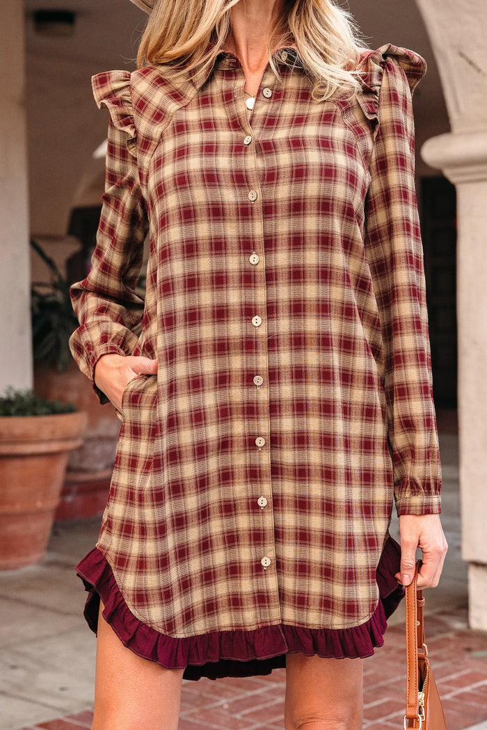Print Ruffled Long Sleeve Patchwork Hem Mini Shirt Dress - Dresses/Mini Dresses