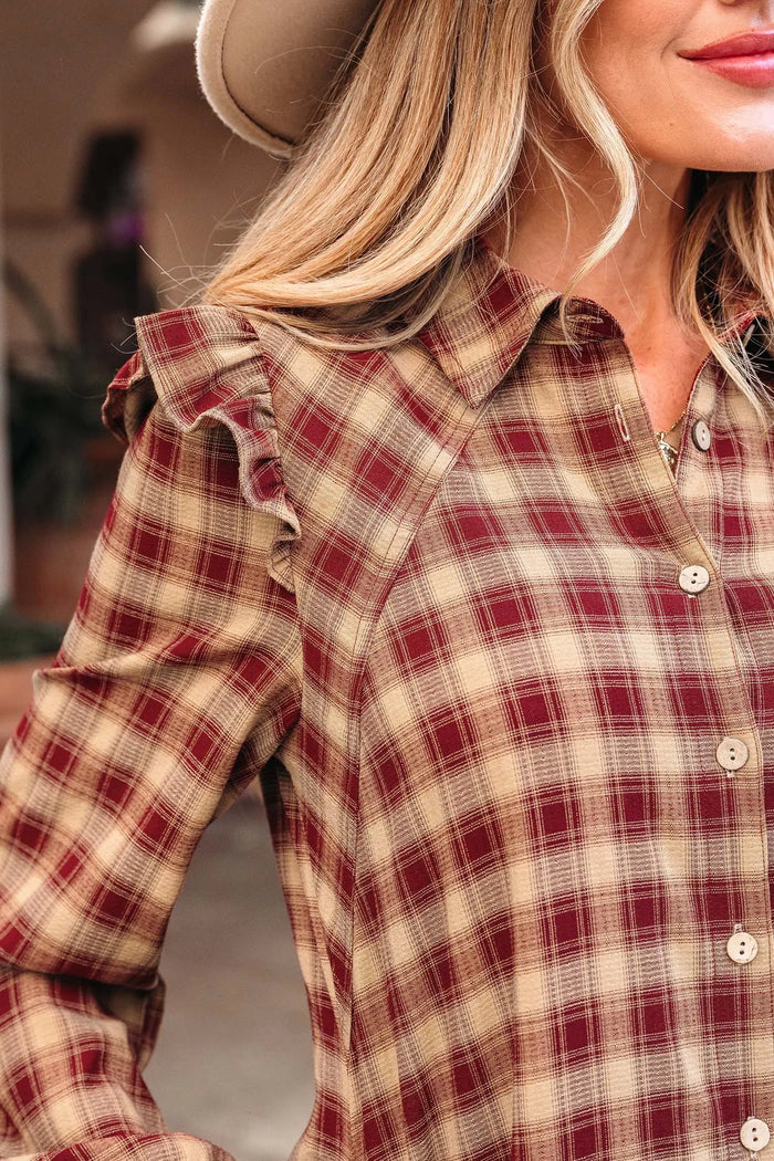 Print Ruffled Long Sleeve Patchwork Hem Mini Shirt Dress - Dresses/Mini Dresses