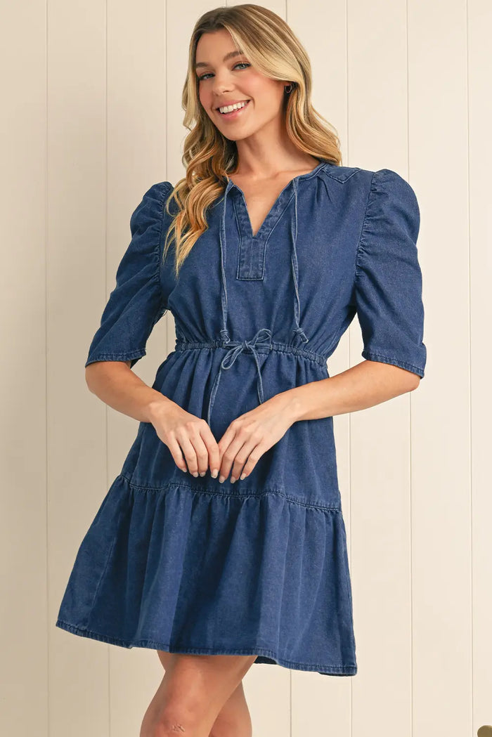 Puff Sleeve Denim Mini Dress