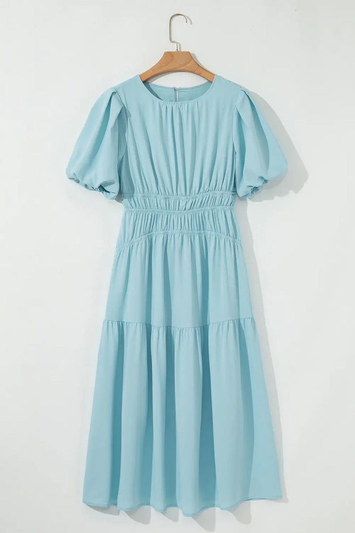 Puff Sleeve High Waist Flowy Chiffon Lined Midi Dress