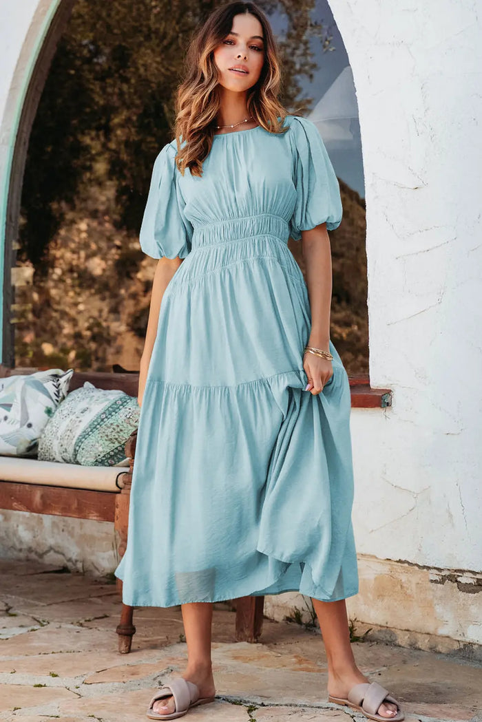 Puff Sleeve High Waist Flowy Chiffon Lined Midi Dress