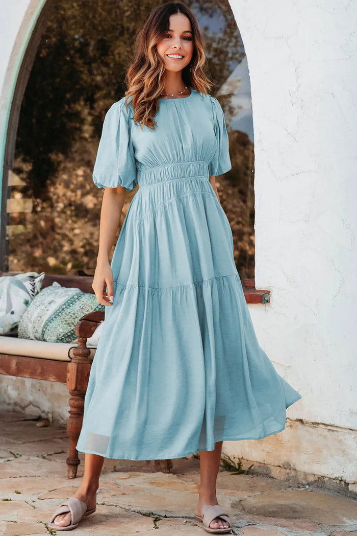 Puff Sleeve High Waist Flowy Chiffon Lined Midi Dress