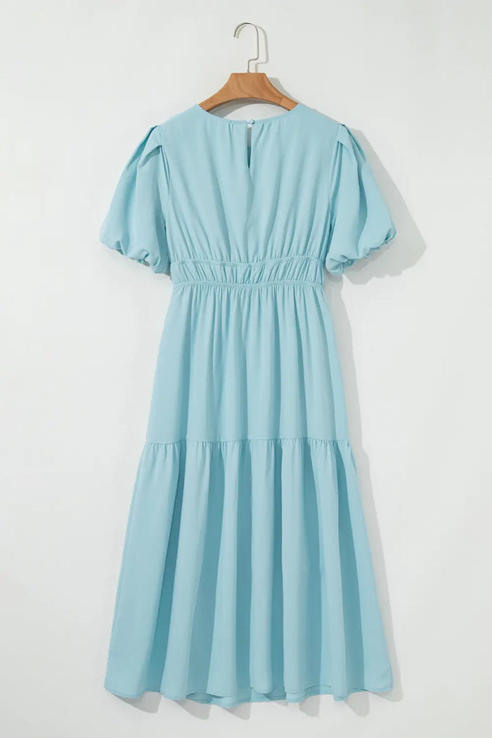 Puff Sleeve High Waist Flowy Chiffon Lined Midi Dress
