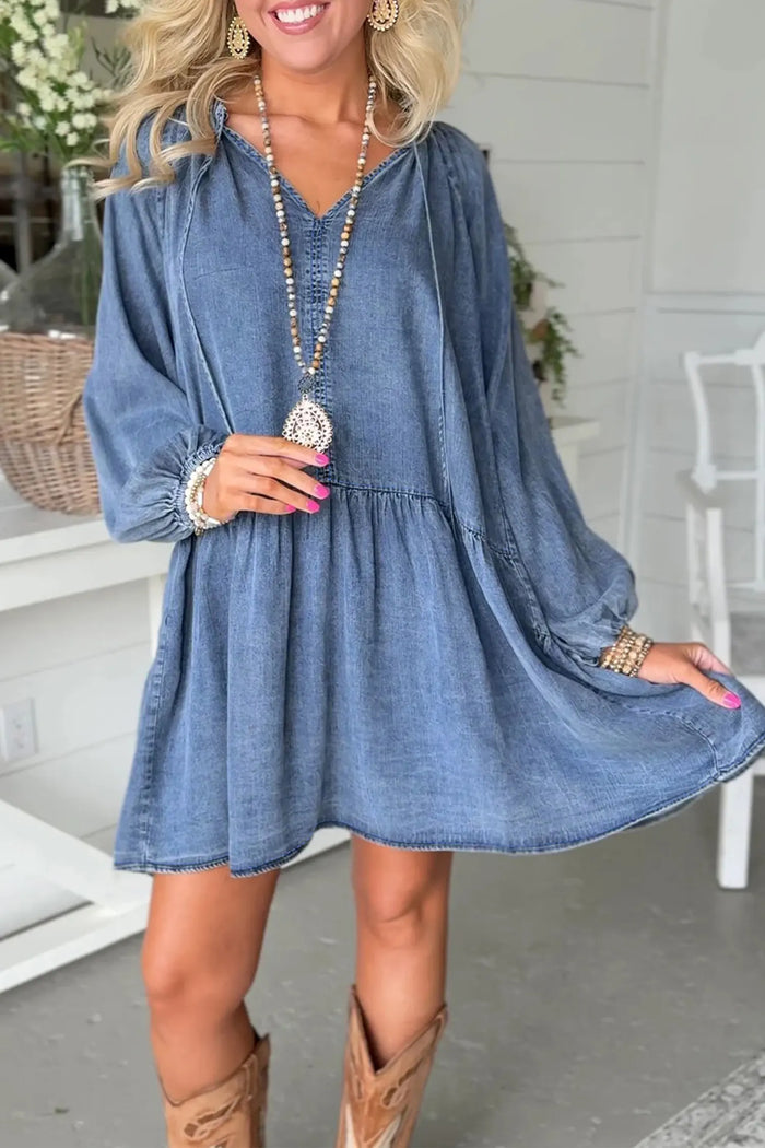 Puff Sleeve V-Neck Ruffled Loose Denim Mini Dress – Blue