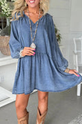 Puff Sleeve V-Neck Ruffled Loose Denim Mini Dress – Blue