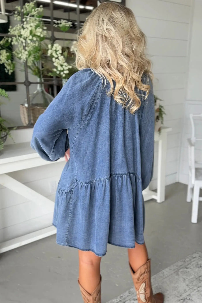 Puff Sleeve V-Neck Ruffled Loose Denim Mini Dress – Blue
