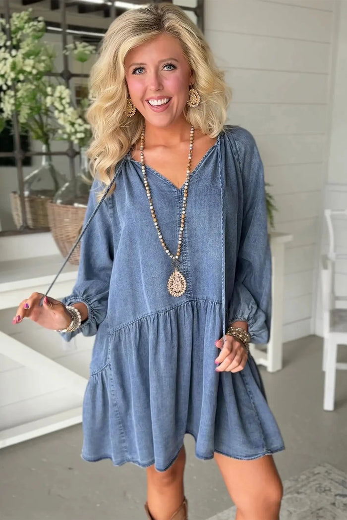 Puff Sleeve V-Neck Ruffled Loose Denim Mini Dress – Blue