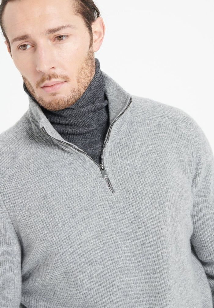 ZACH 2 Sweat col cheminé zippé en cachemire gris clair