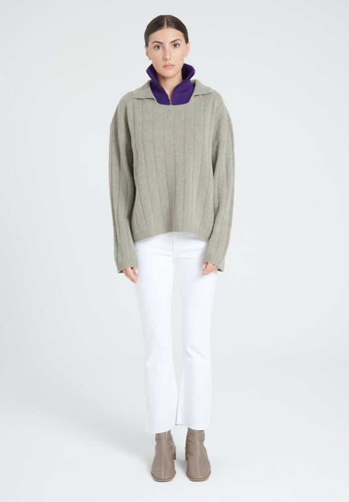 ZAYA 17 Pull col claudine en cachemire 6 fils kaki taupe chiné
