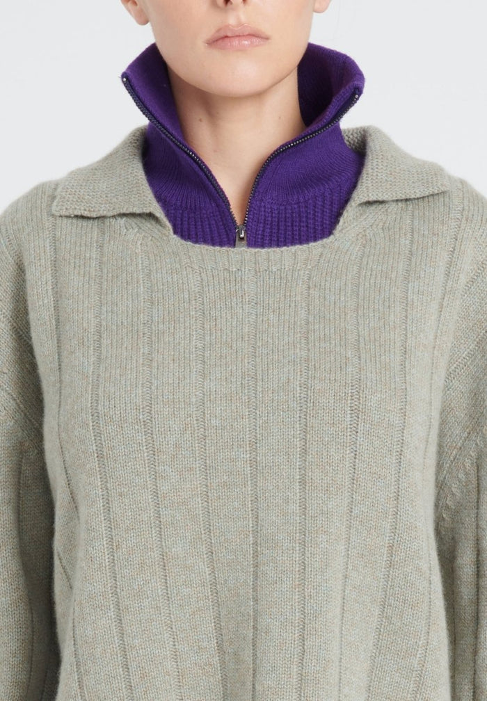 ZAYA 17 Pull col claudine en cachemire 6 fils kaki taupe chiné