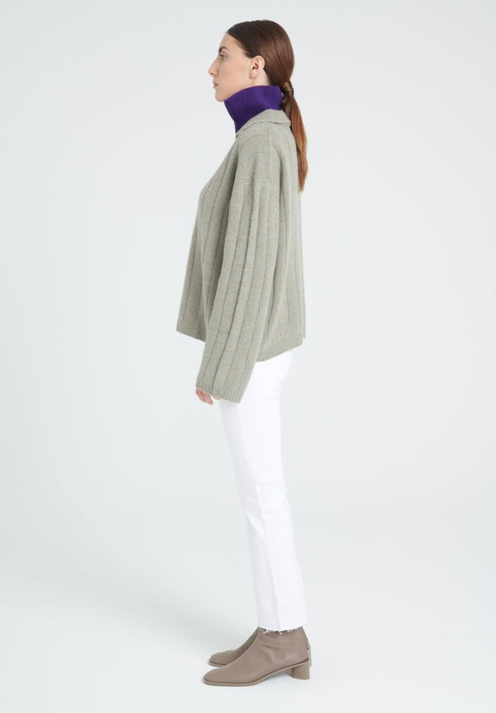 ZAYA 17 Pull col claudine en cachemire 6 fils kaki taupe chiné