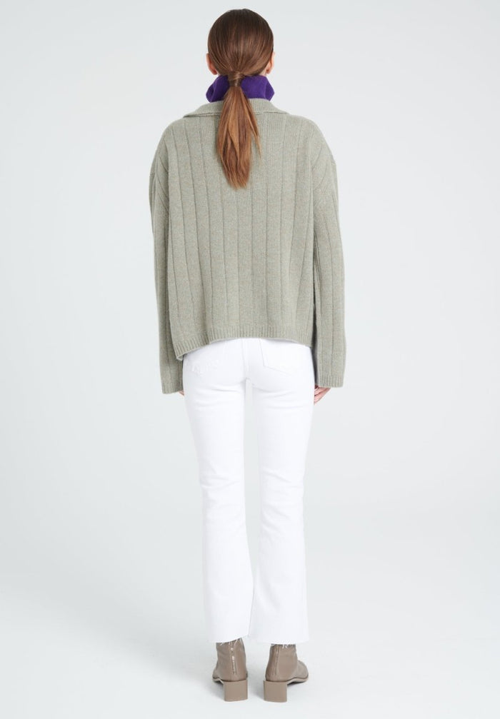 ZAYA 17 Pull col claudine en cachemire 6 fils kaki taupe chiné