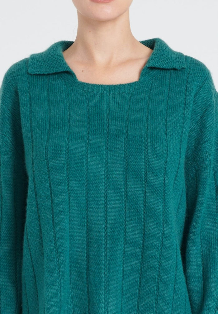 ZAYA 17 Pull col claudine en cachemire 6 fils vert foncé