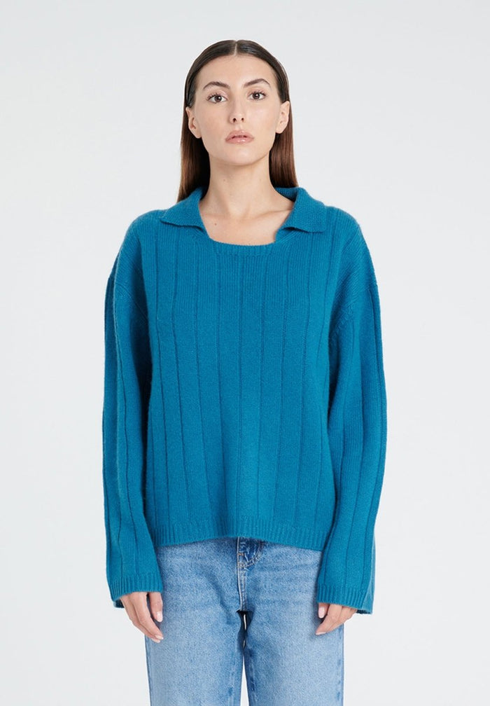 ZAYA 17 Pull col claudine en cachemire 6 fils bleu roi