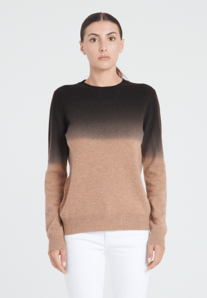 ZAYA 9 Pull col rond tie & dye en cachemire camel et noir
