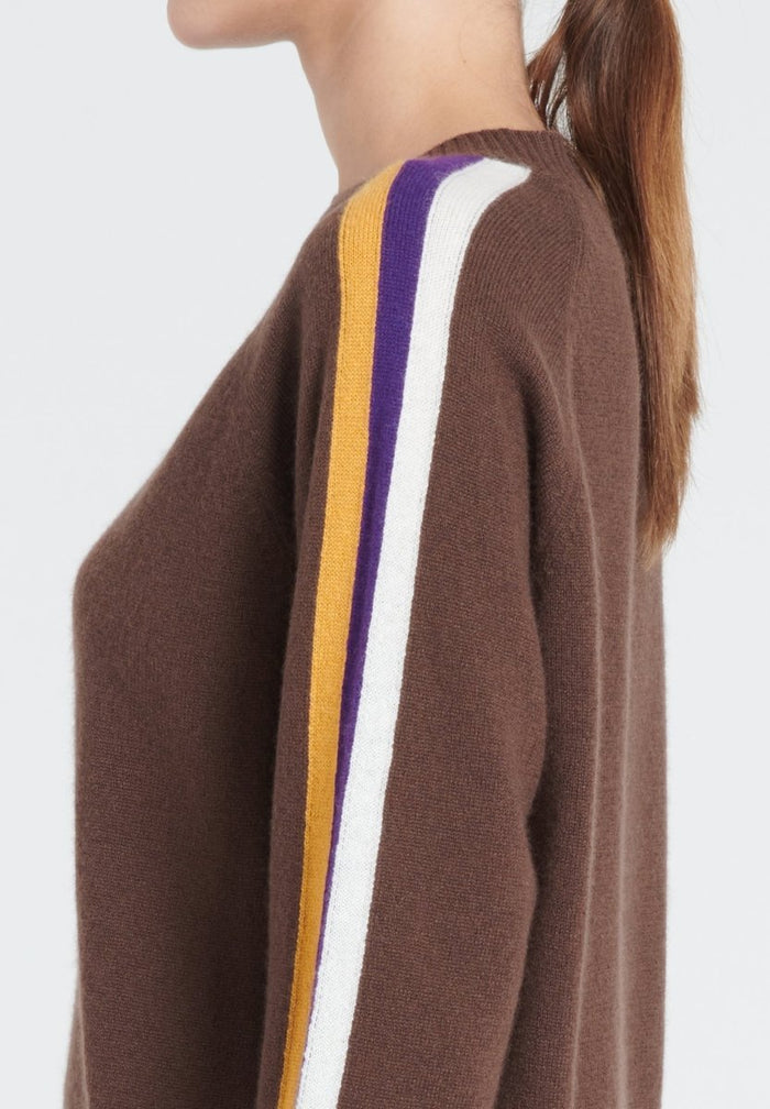 ZAYA 19 Pull col rond avec bande de couleurs sur les manches en cachemire marron