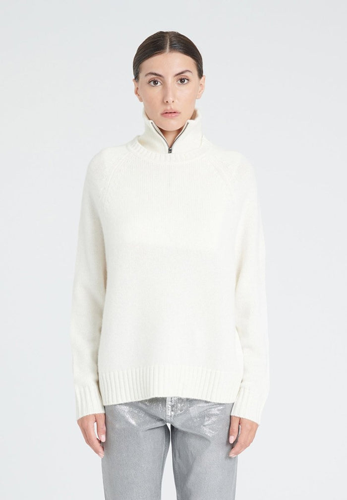 ZAYA 7 Pull col rond à manches raglans en cachemire 6 fils blanc écru