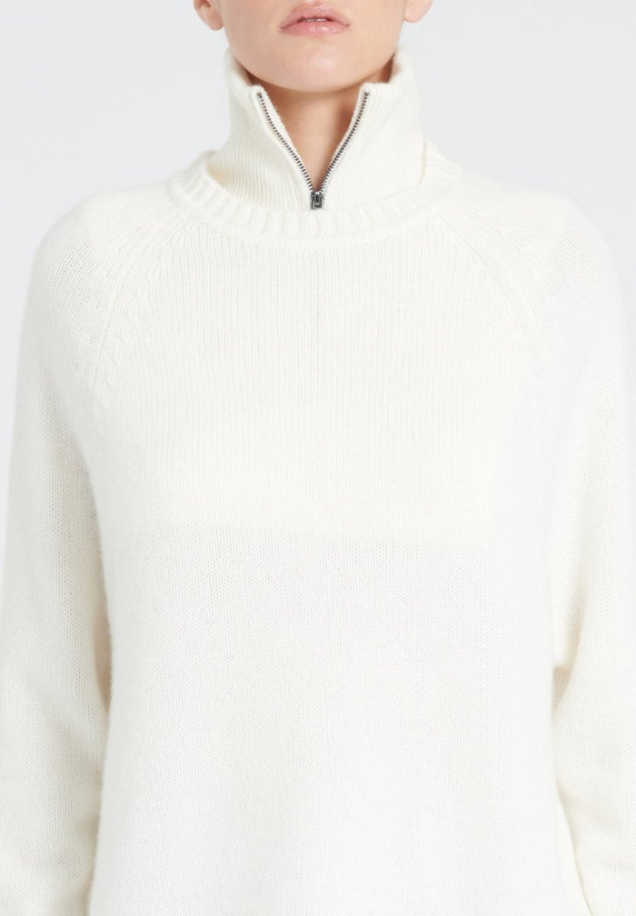 ZAYA 7 Pull col rond à manches raglans en cachemire 6 fils blanc écru