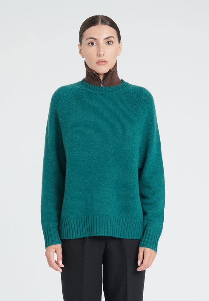 ZAYA 7 Pull col rond à manches raglans en cachemire 6 fils vert foncé