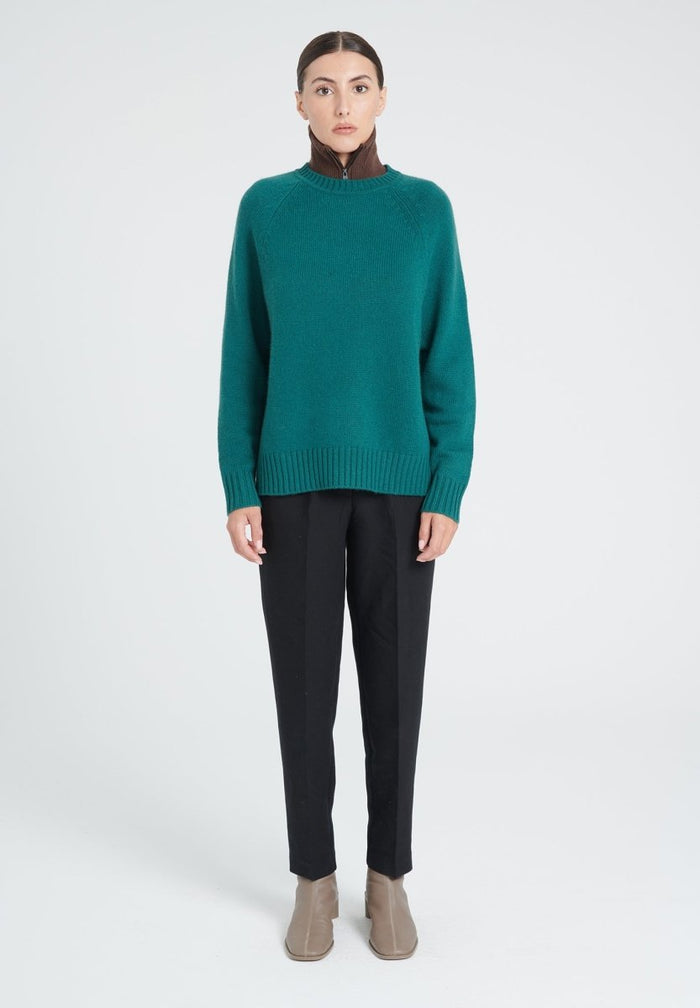 ZAYA 7 Pull col rond à manches raglans en cachemire 6 fils vert foncé