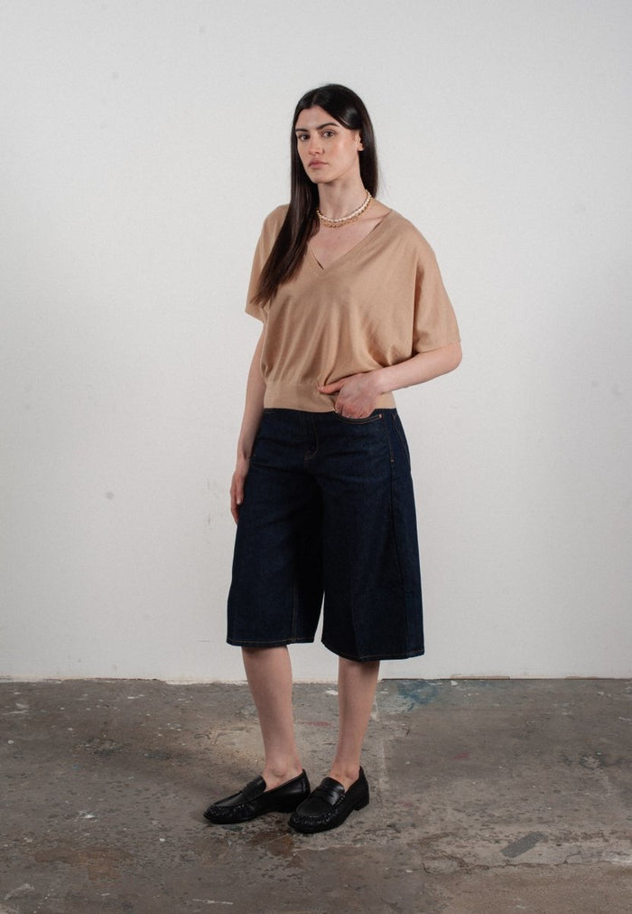 Pull col V à manches chauve souris femme en cachemire & laine ultrafin beige - KELLY 6