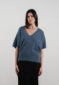 Pull col V manches chave souris femme en cachemire bleu foncé - RIA 25