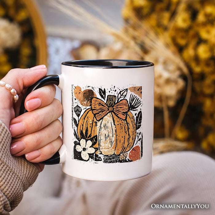 Pumpkin Fall Floral Personalized Mug, Thanksgiving Coquette Bow Gift with Custom Name Personalized Ceramic Mug OrnamentallyYou