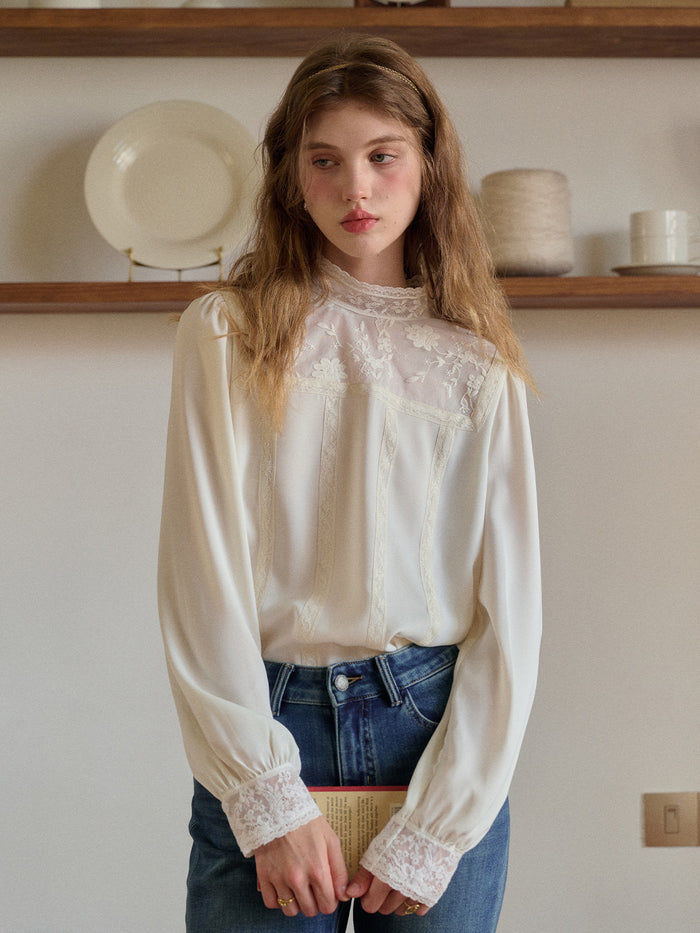 Raya Stand Collar Embroidery Blouse