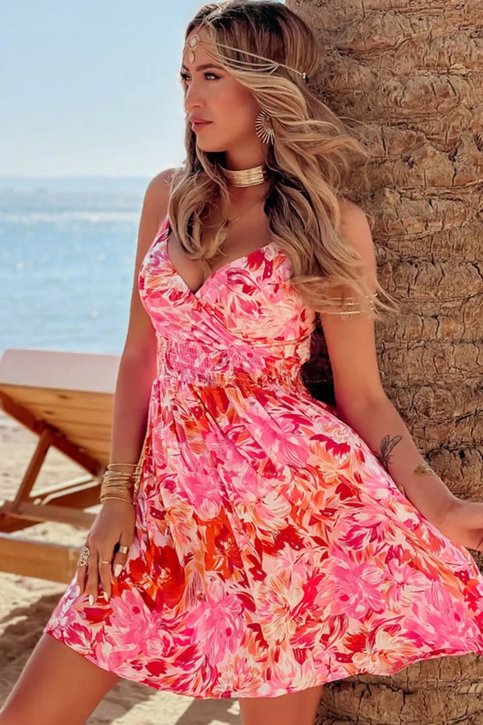 Red Floral Spaghetti Strap Surplice Neck Shirred Waist Mini Dress - Dresses/Mini Dresses