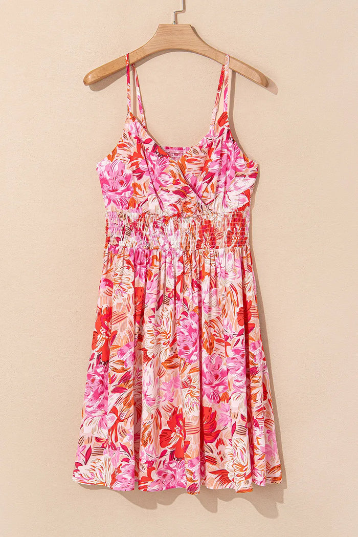 Red Floral Spaghetti Strap Surplice Neck Shirred Waist Mini Dress - Dresses/Mini Dresses