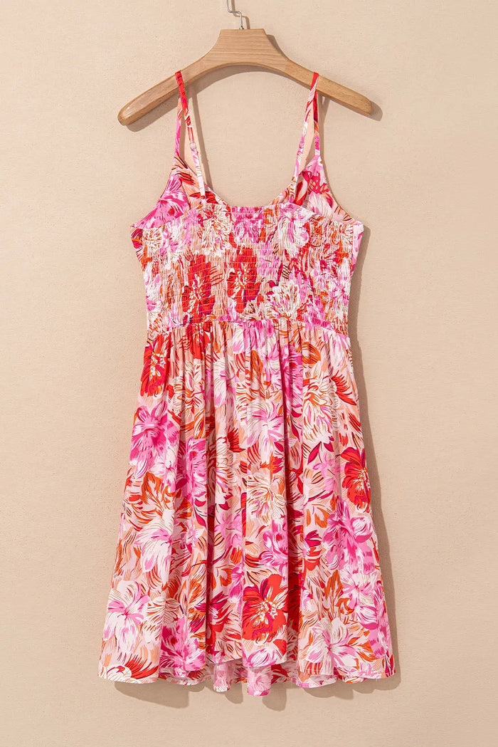 Red Floral Spaghetti Strap Surplice Neck Shirred Waist Mini Dress - Dresses/Mini Dresses