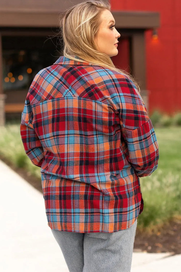 Shop Red Plus Size Plaid Print Buttoned Shirt at eAura