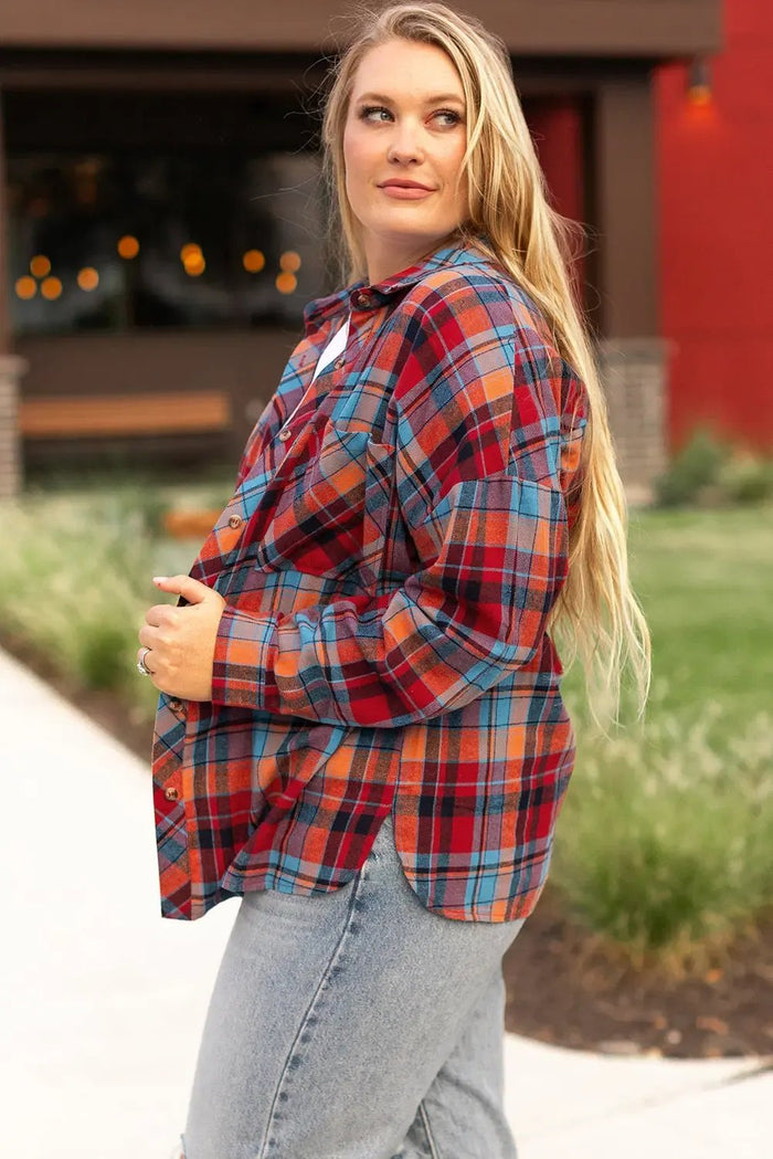 Shop Red Plus Size Plaid Print Buttoned Shirt at eAura