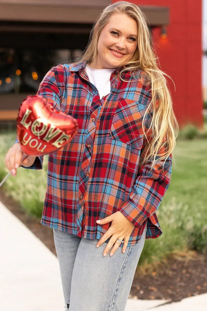 Shop Red Plus Size Plaid Print Buttoned Shirt at eAura