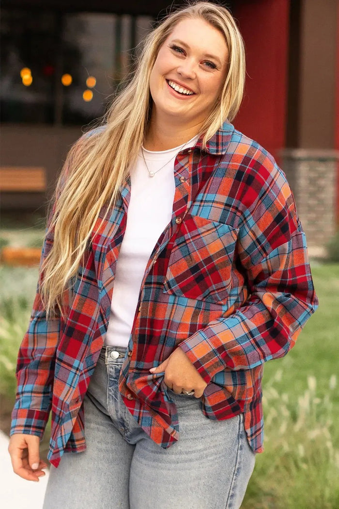 Shop Red Plus Size Plaid Print Buttoned Shirt at eAura