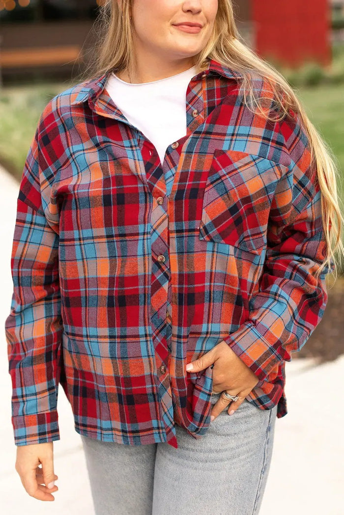 Shop Red Plus Size Plaid Print Buttoned Shirt at eAura