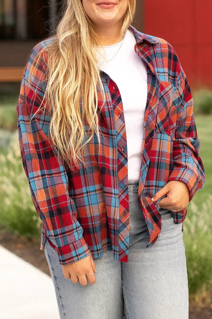 Shop Red Plus Size Plaid Print Buttoned Shirt at eAura