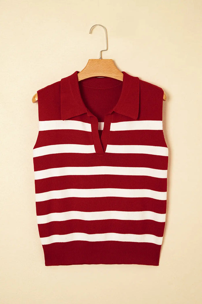 Red Stripe Collared Split Neck Sleeveless Sweater - Sweaters & Cardigans/Short Sleeve