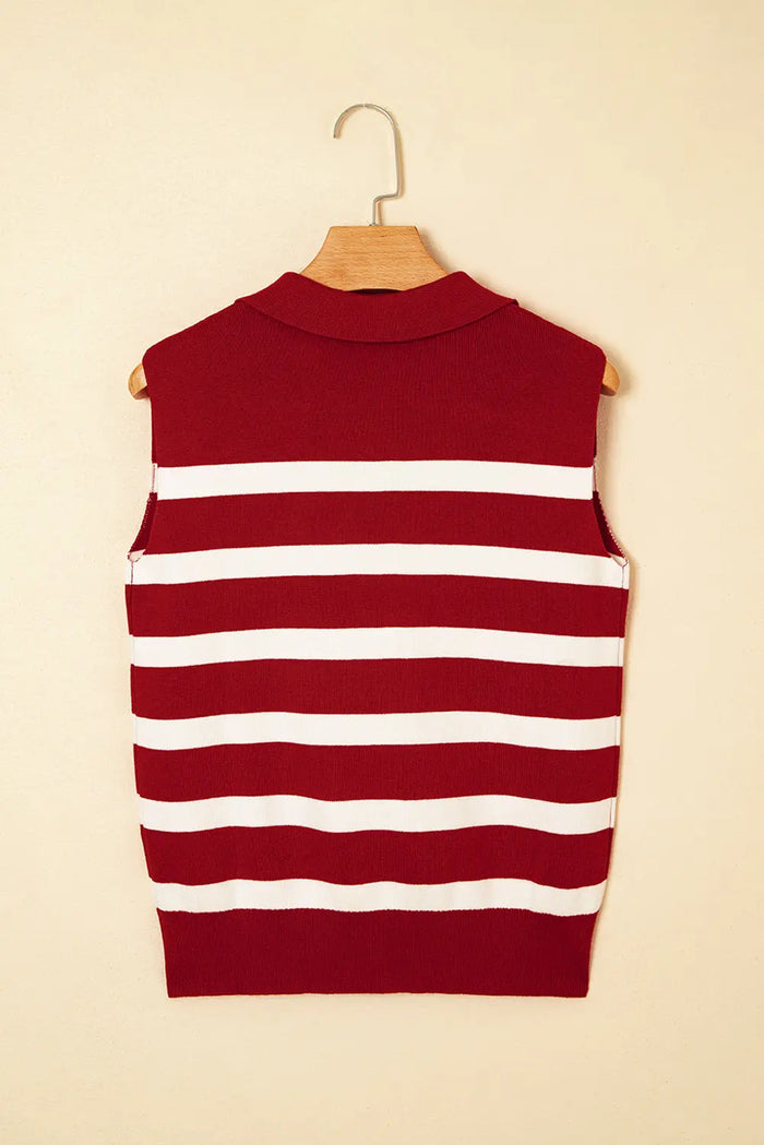 Red Stripe Collared Split Neck Sweater Vest - Sweaters & Cardigans/Sweater Vests