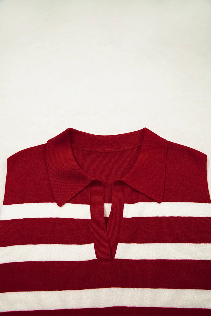 Red Stripe Collared Split Neck Sweater Vest - Sweaters & Cardigans/Sweater Vests