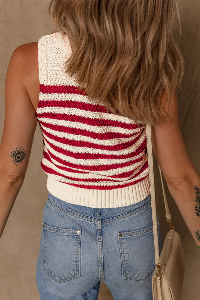 Red Stripe Textured Knit Ribbed Hem Sweater Sleeveless Top - Sweaters & Cardigans/Sweater Vests