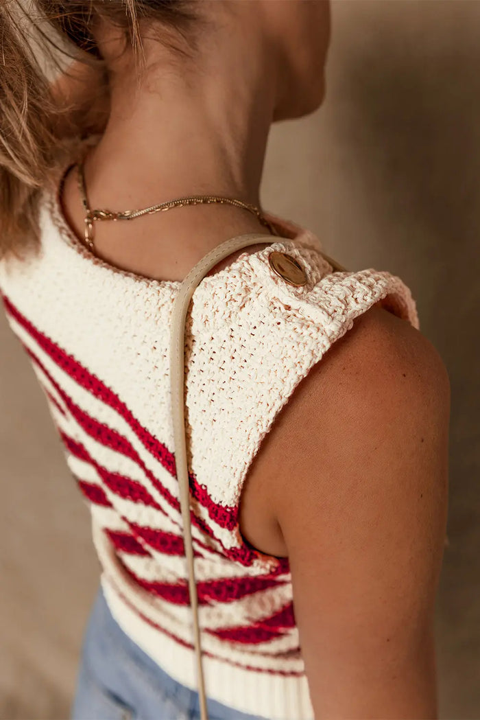 Red Stripe Textured Knit Ribbed Hem Sweater Sleeveless Top - Sweaters & Cardigans/Sweater Vests