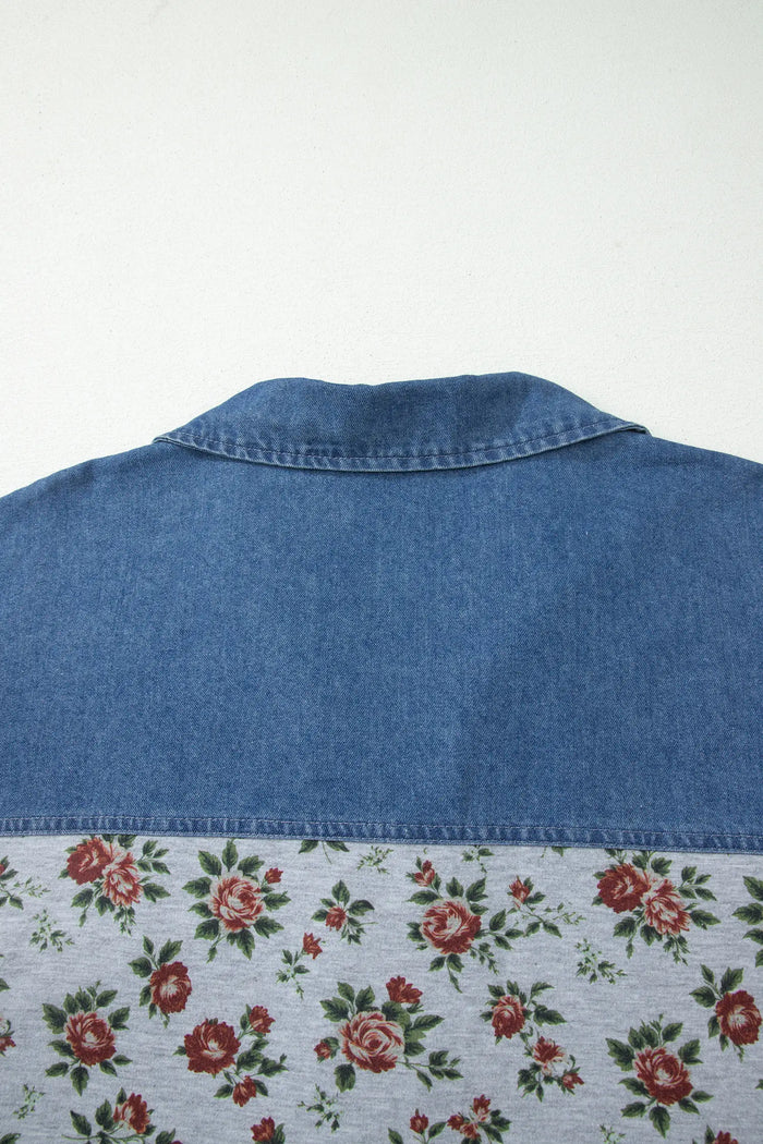 Retro Floral Print Denim Patchwork Plus Size Polo Tee