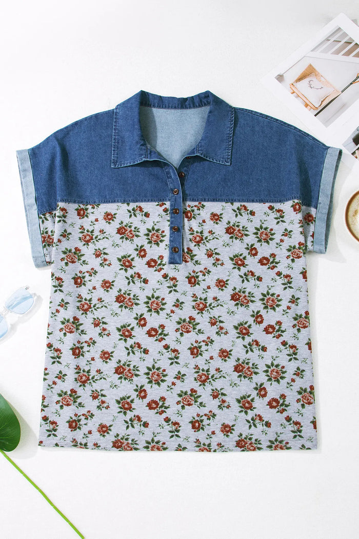 Retro Floral Print Denim Patchwork Plus Size Polo Tee