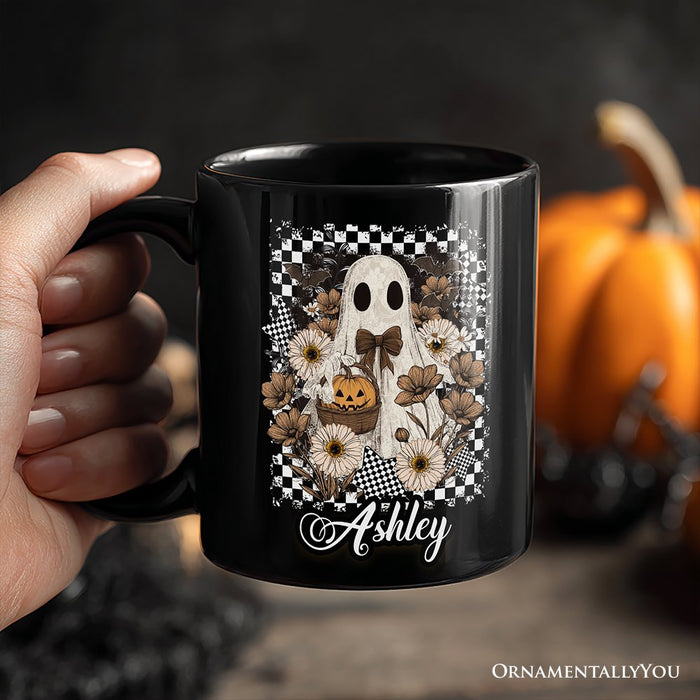 Retro Ghost Floral Halloween Personalized Mug, Spooky Vintage Checkered Gift with Custom Name Personalized Ceramic Mug OrnamentallyYou