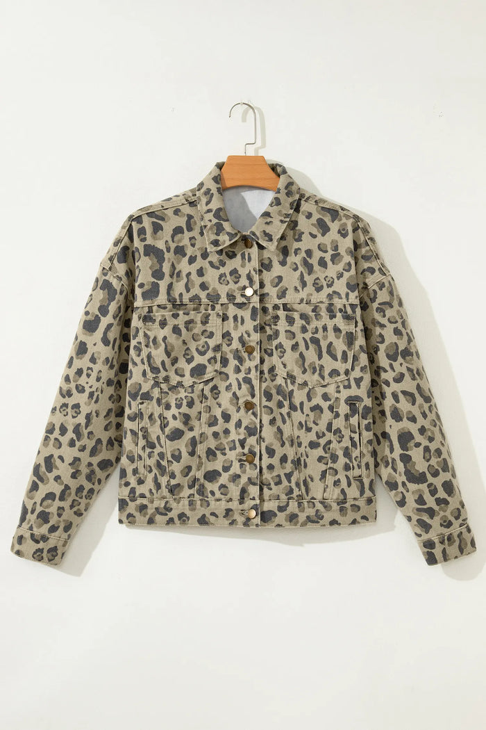 Retro Leopard Print Seam Detail Button Down Denim Jacket – Khaki