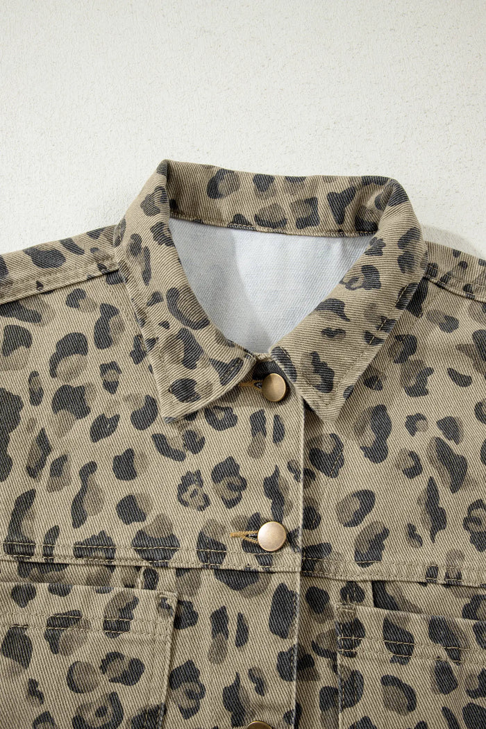 Retro Leopard Print Seam Detail Button Down Denim Jacket – Khaki